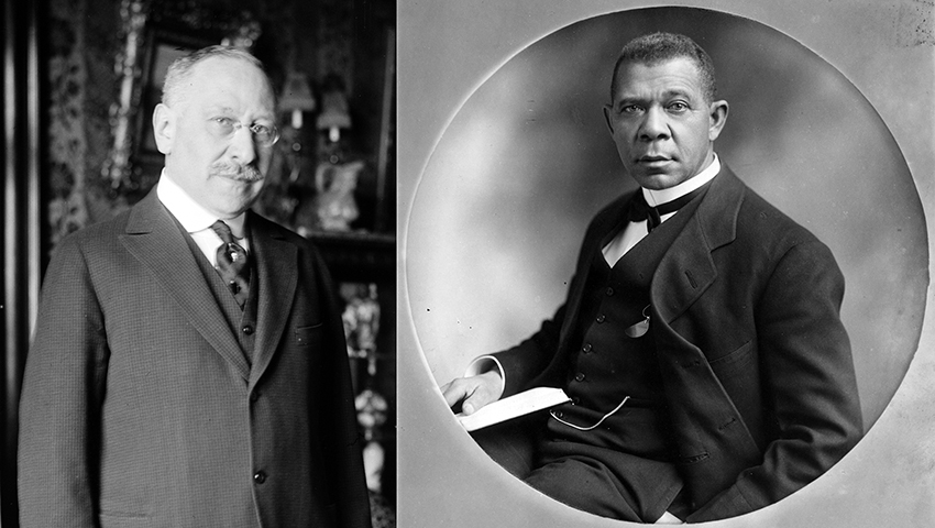 Black and white portrait photographs of Julius Rosenwald and Booker T. Washington.