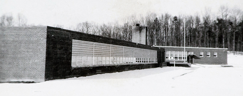 Black and white photograph of Cedar Lane Elementary School. 
